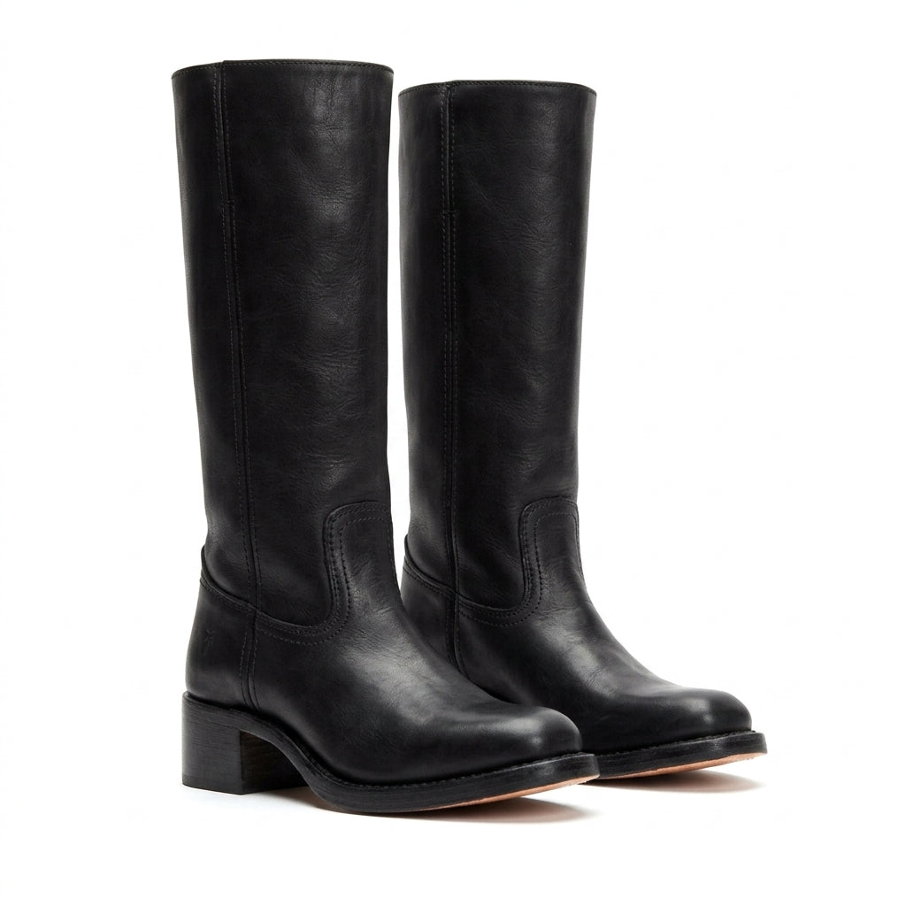 Front view of pull-on boot with rounded toe and stacked block heel, black