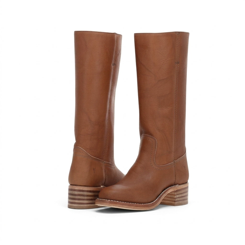 Front view of shaft with stitched detailing and seamed vamp, cognac