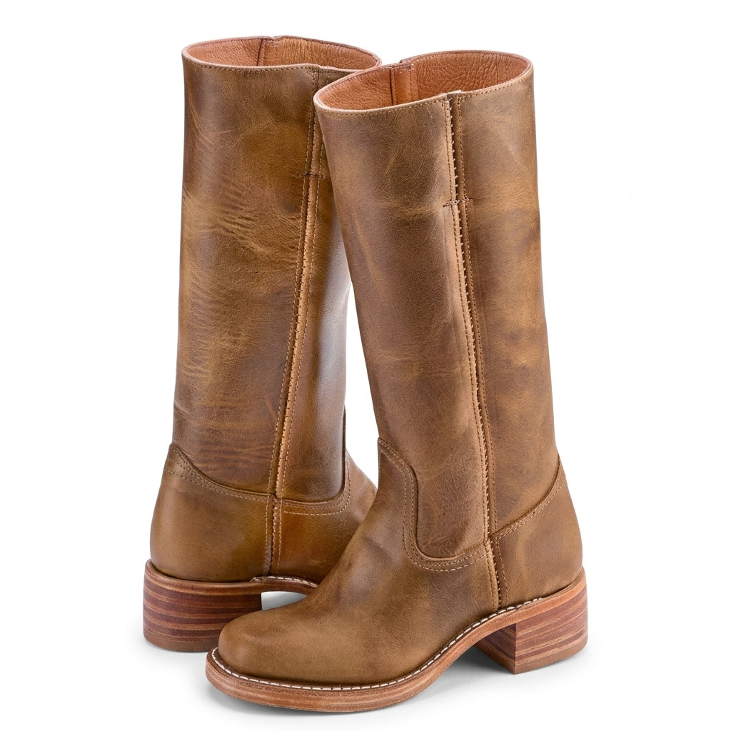 Side view showing seamed vamp, block heel and stitched sole, tan