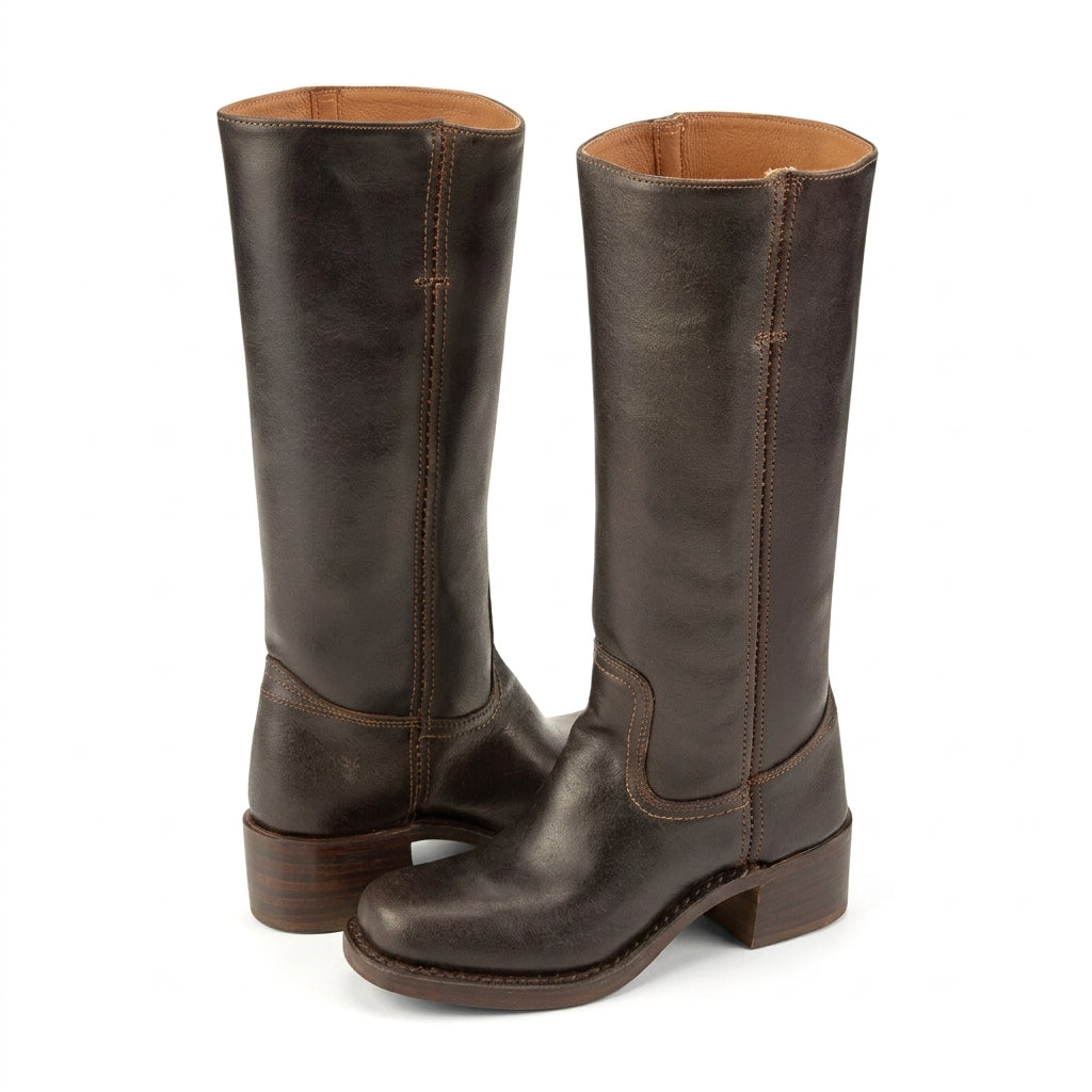 Front view of rounded toe, seamed vamp and block heel, dark brown