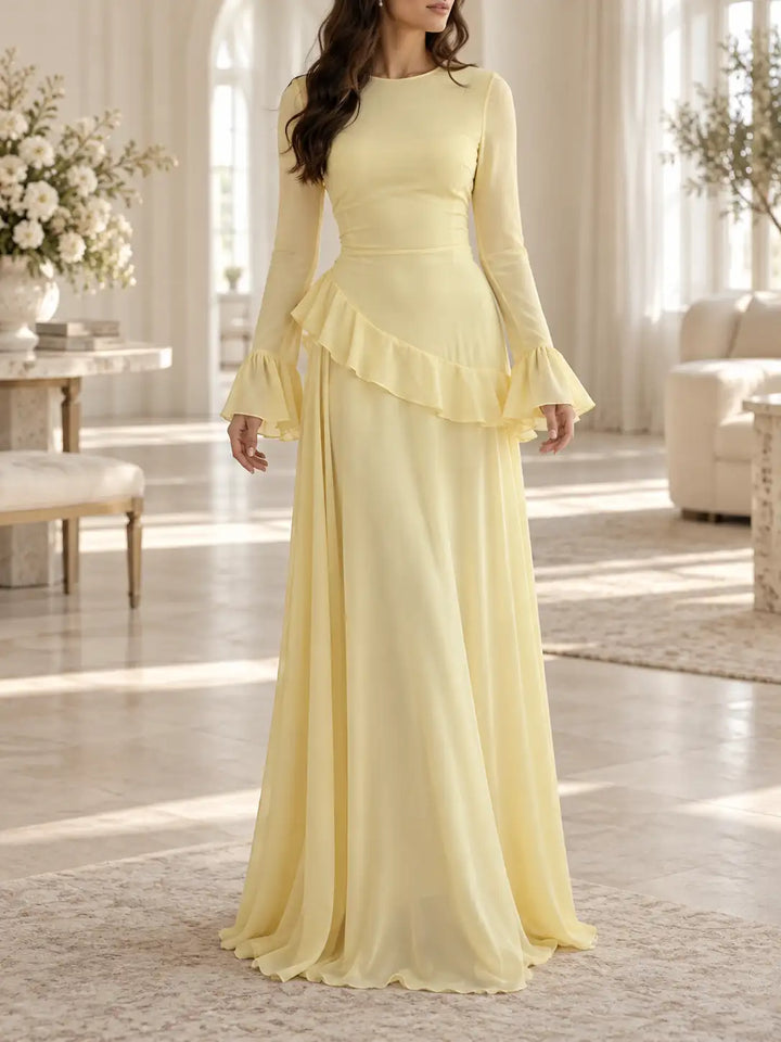 Atascadero | Women’s Round Neck Bell Sleeve Ruffle Waist Maxi Dress