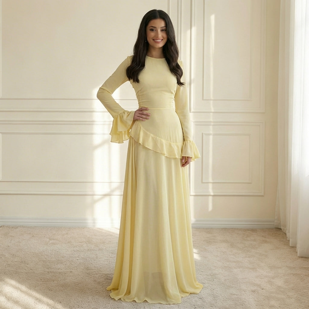 Atascadero | Women’s Round Neck Bell Sleeve Ruffle Waist Maxi Dress