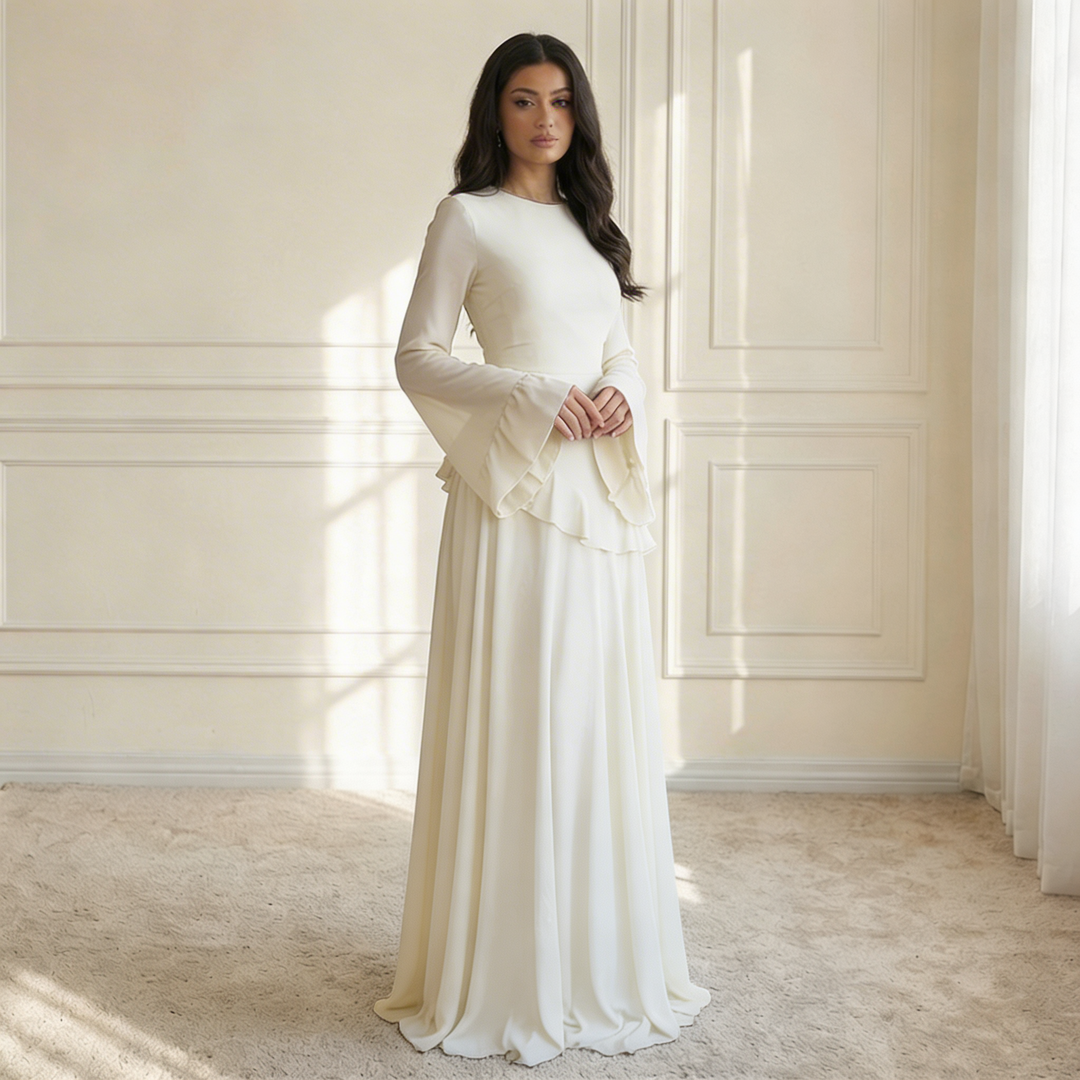 Atascadero | Women’s Round Neck Bell Sleeve Ruffle Waist Maxi Dress