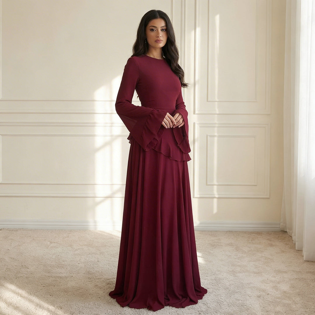 Atascadero | Women’s Round Neck Bell Sleeve Ruffle Waist Maxi Dress
