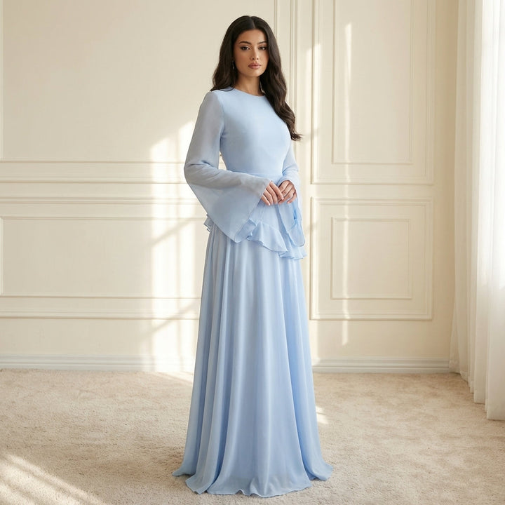 Atascadero | Women’s Round Neck Bell Sleeve Ruffle Waist Maxi Dress