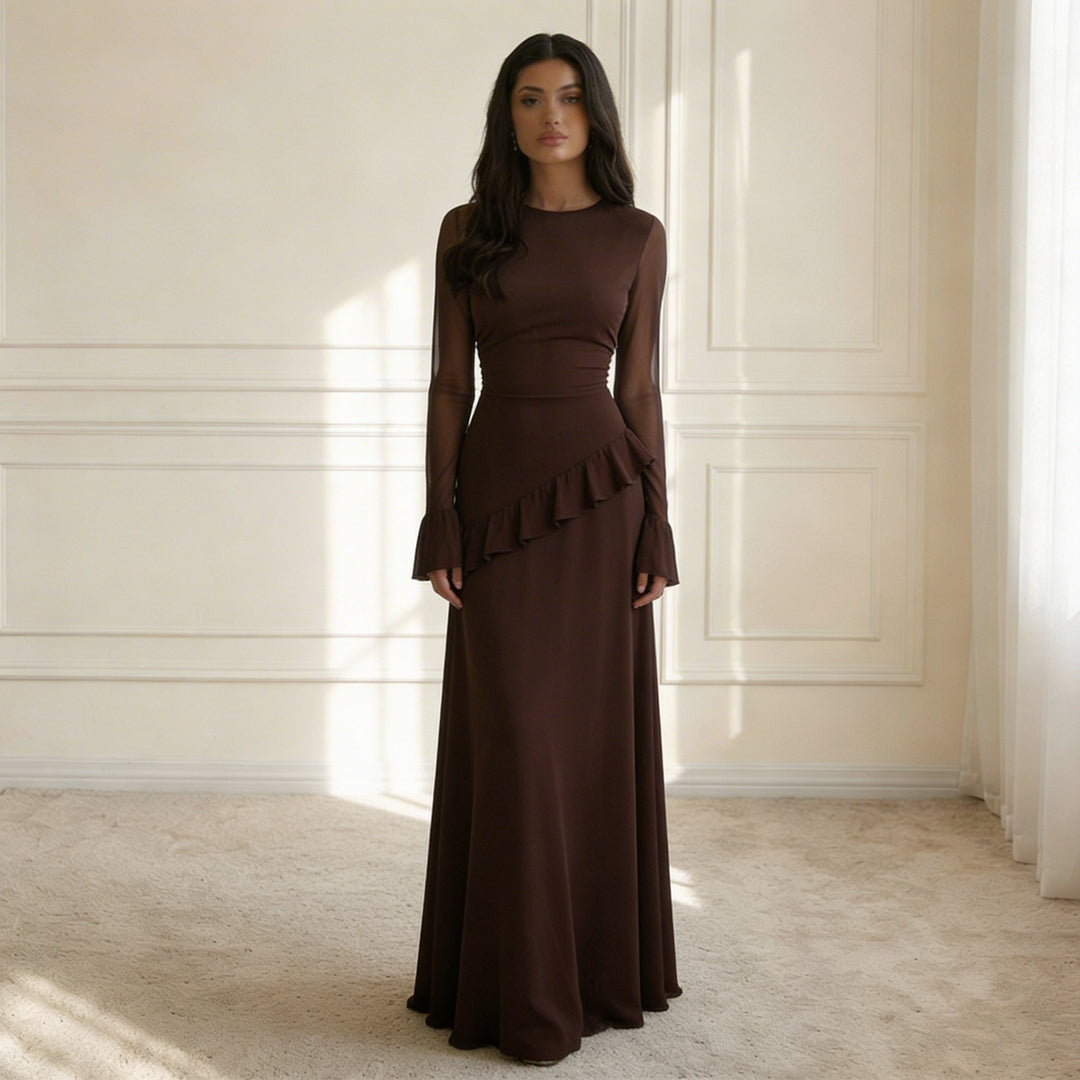 Atascadero | Women’s Round Neck Bell Sleeve Ruffle Waist Maxi Dress
