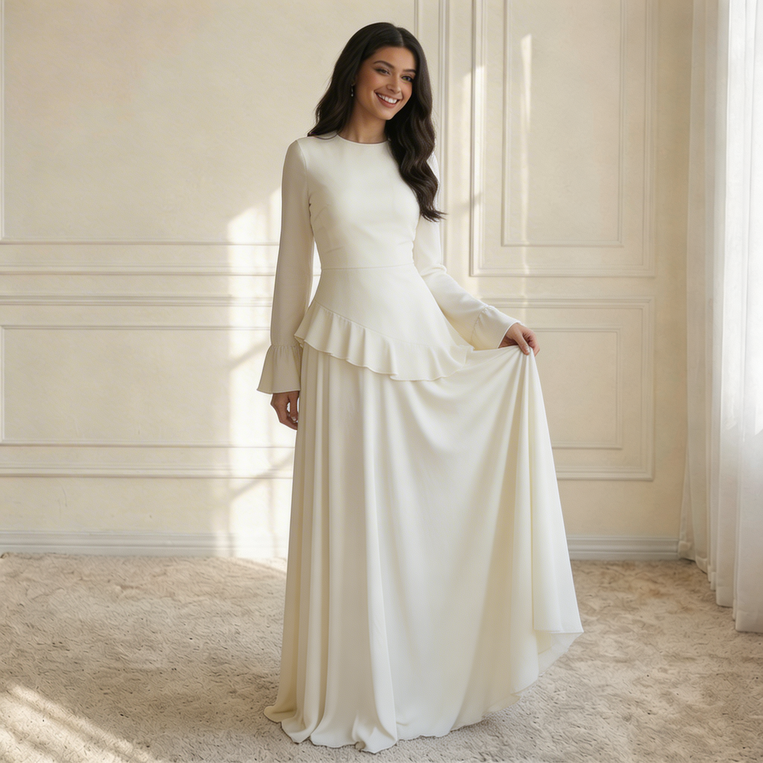 Atascadero | Women’s Round Neck Bell Sleeve Ruffle Waist Maxi Dress