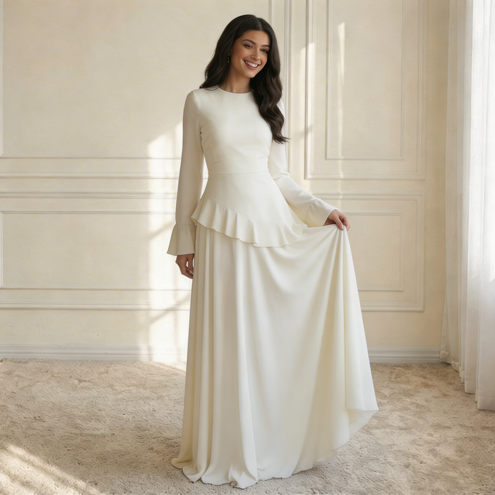 Atascadero | Women’s Round Neck Bell Sleeve Ruffle Waist Maxi Dress