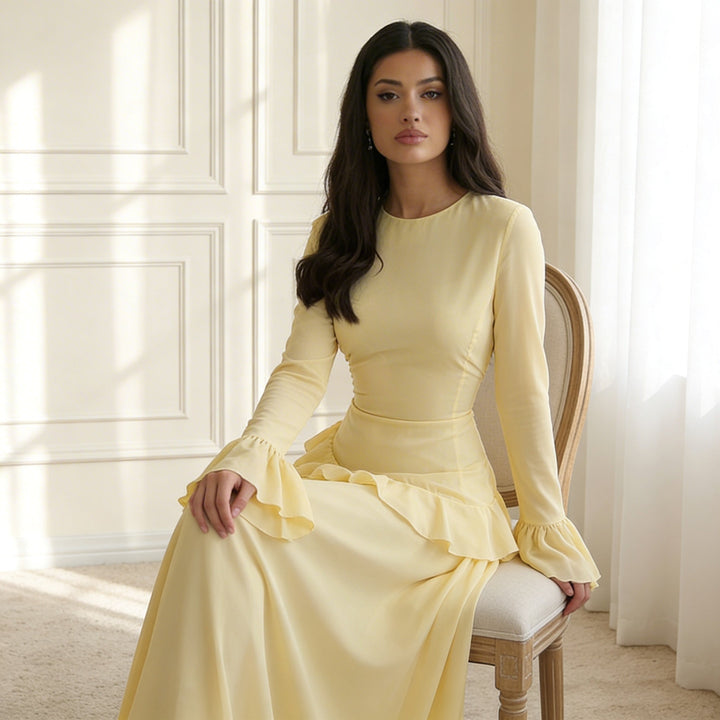 Atascadero | Women’s Round Neck Bell Sleeve Ruffle Waist Maxi Dress
