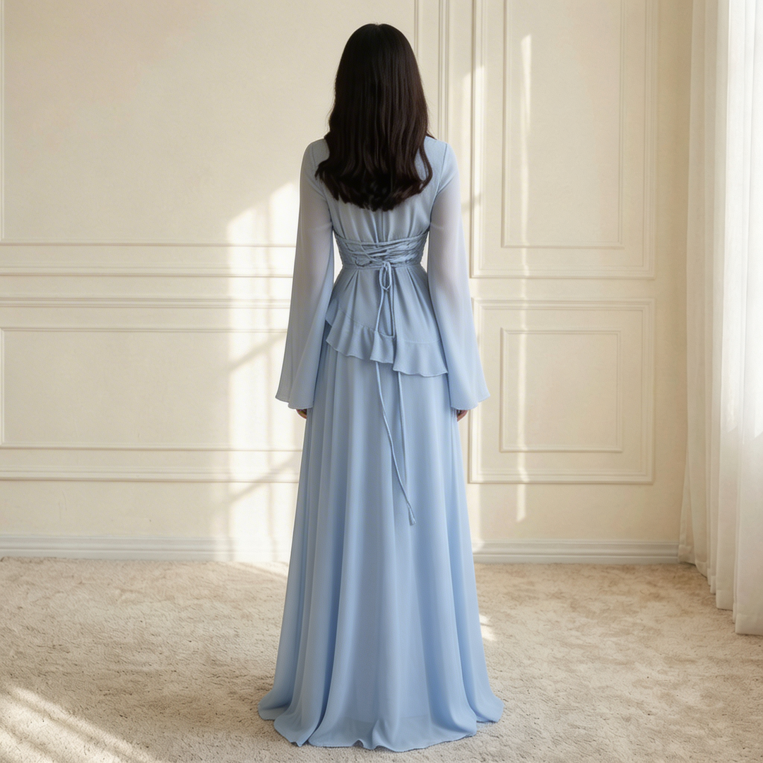 Atascadero | Women’s Round Neck Bell Sleeve Ruffle Waist Maxi Dress