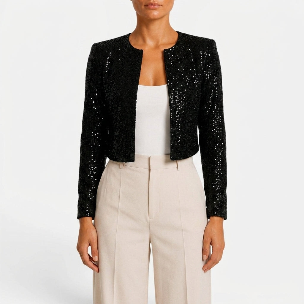 Front view showing round neckline, open front and cropped hem, black