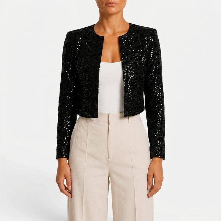 Front view showing round neckline, open front and cropped hem, black
