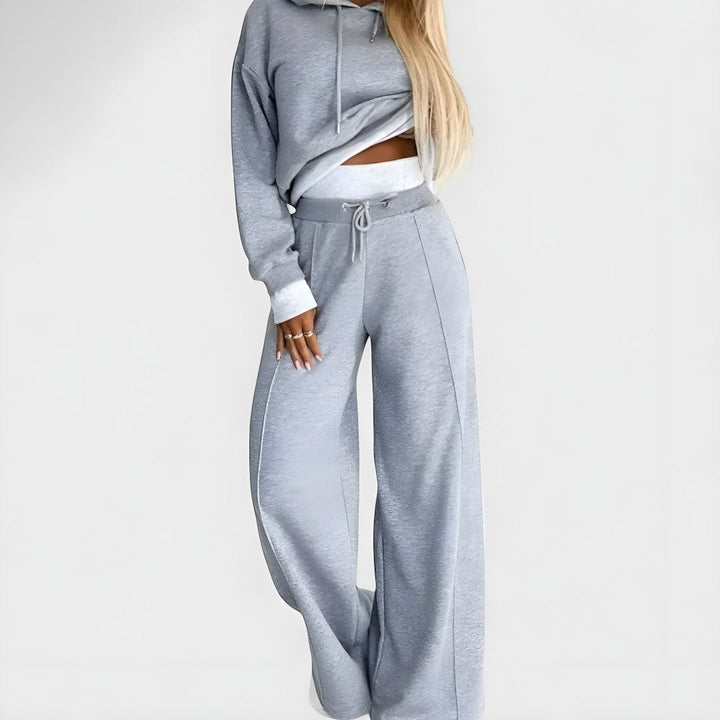 Front view of hooded top with drawstring and wide leg pants with drawstring waist, szary