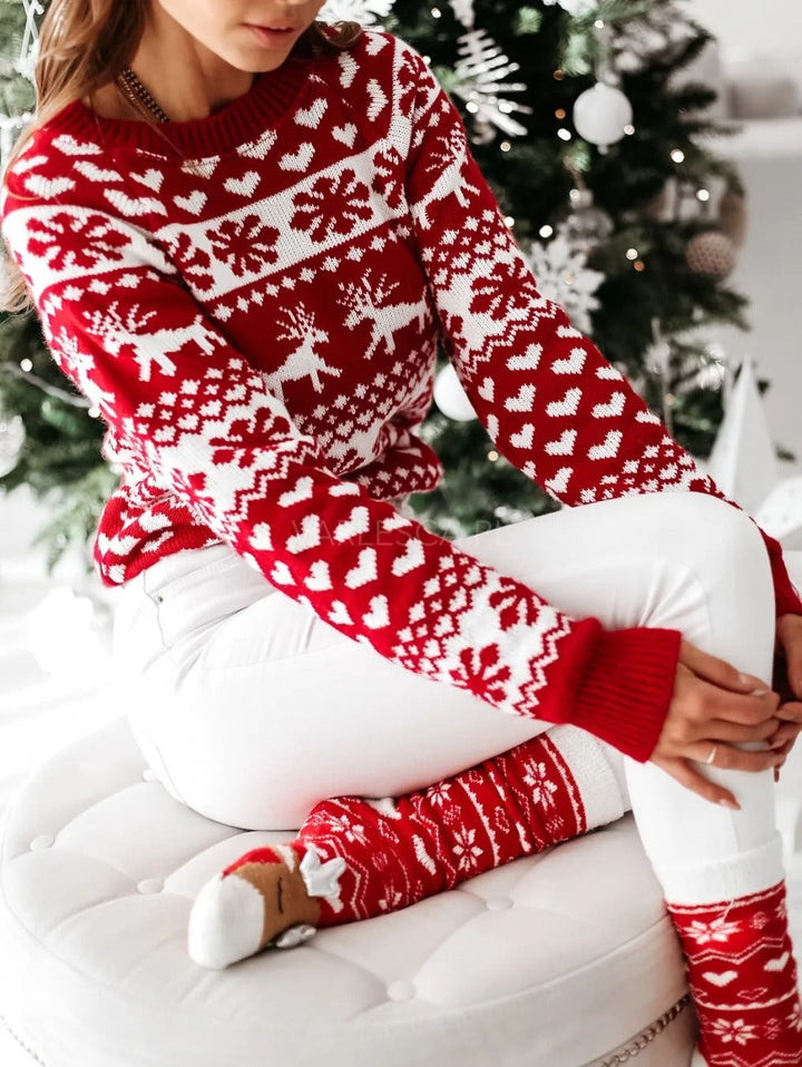Front view of bodice and long sleeves with fair isle print, red