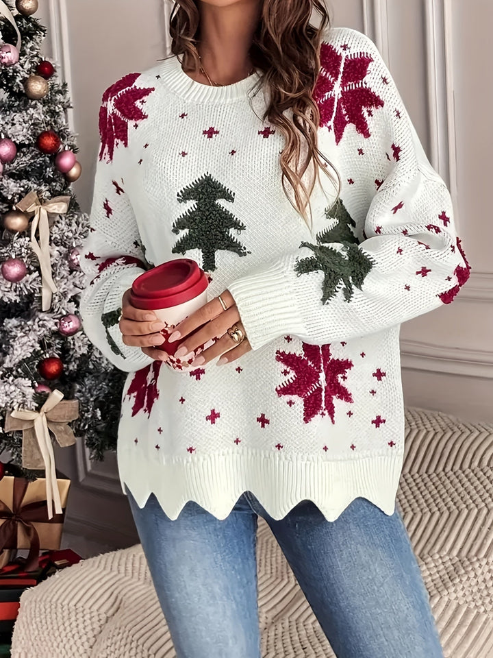 Front view of round neckline, long sleeves and scalloped hem, white