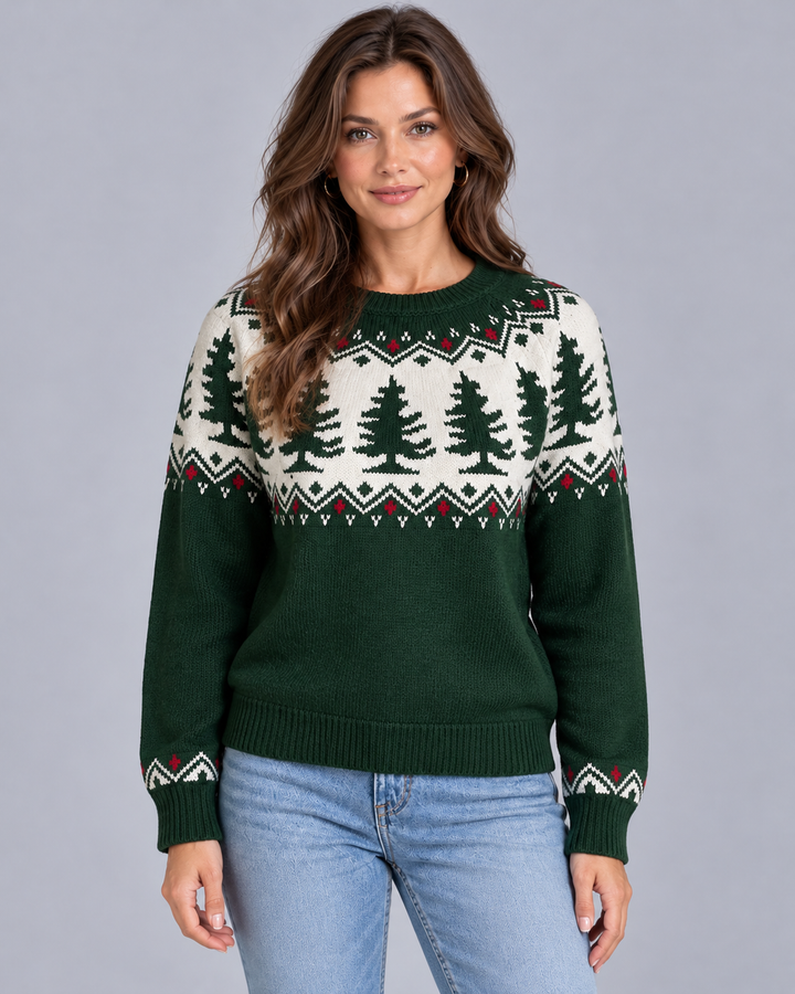 Front view showing the ribbed round neckline and fair isle yoke with pine tree pattern