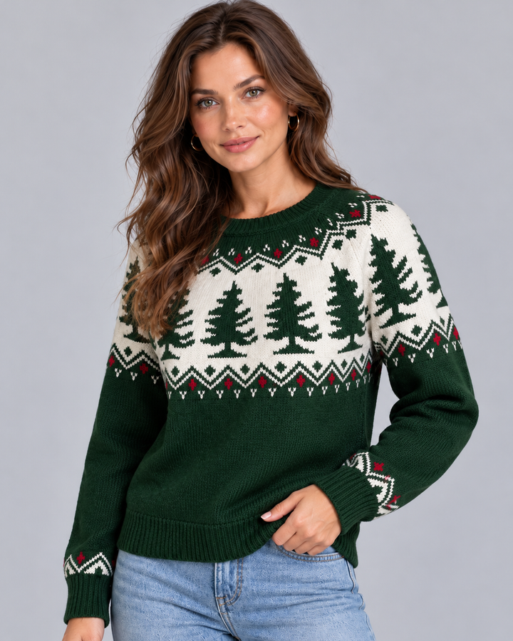 Front view showing the fair isle yoke and ribbed cuffs with pattern, green