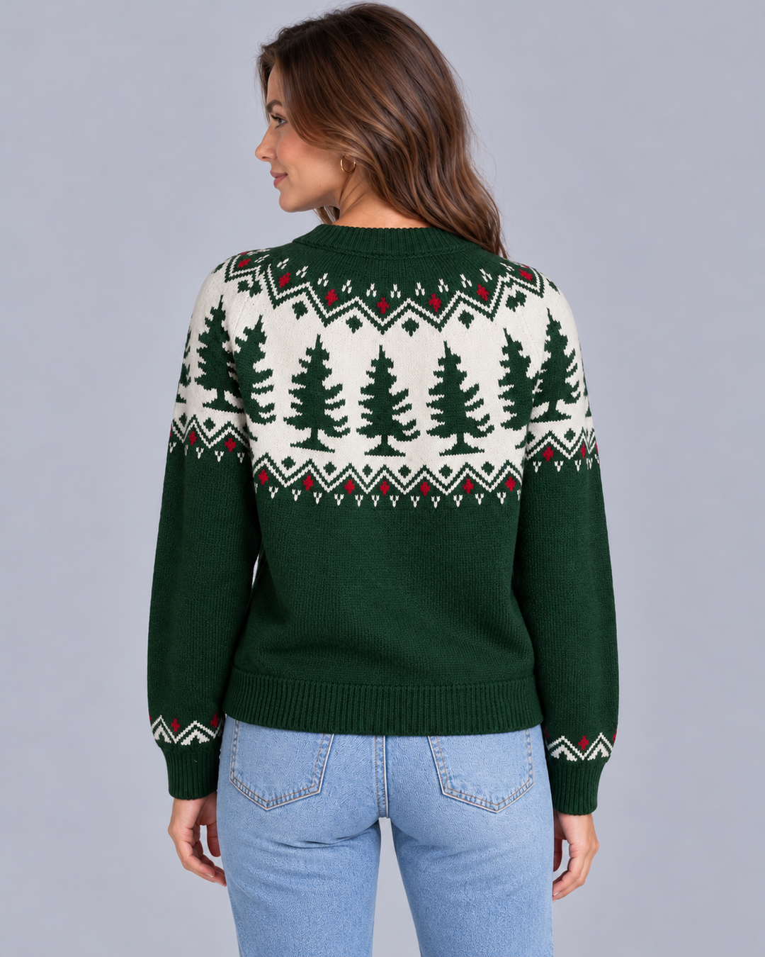 Back view showing the fair isle yoke pine tree pattern and ribbed hem