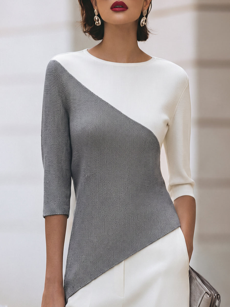 Front view of round neckline, three-quarter sleeves and color-block panels, gray