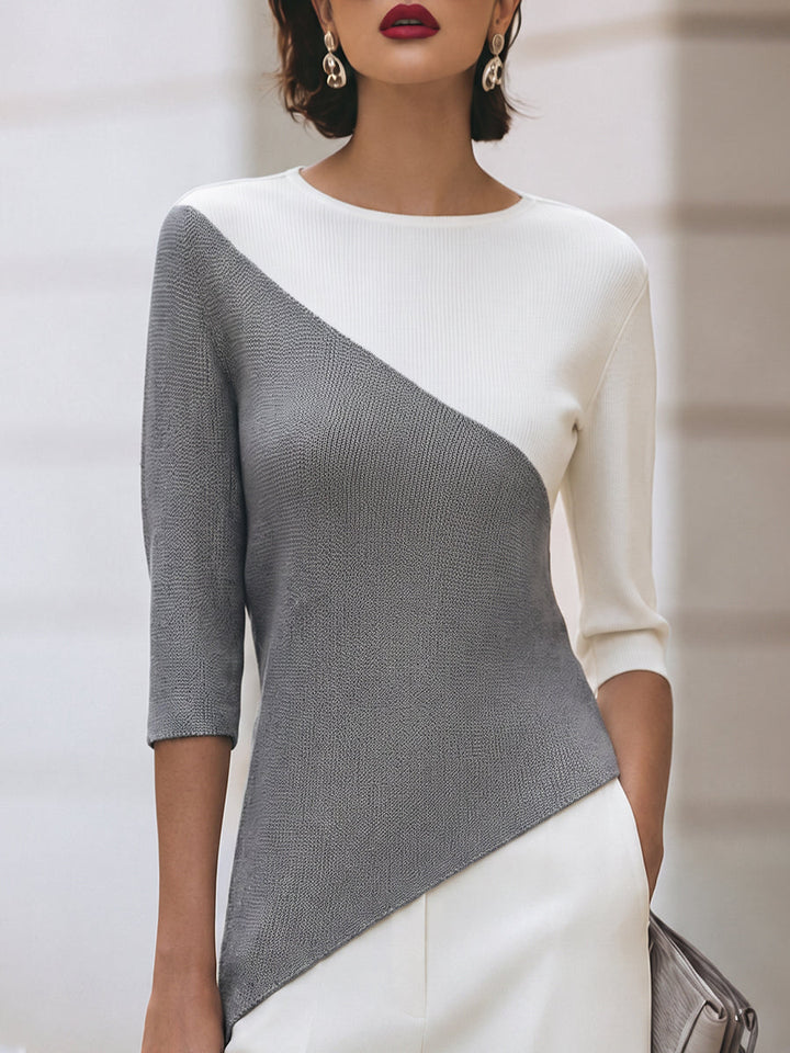 Front view of round neckline, three-quarter sleeves and color-block panels, gray
