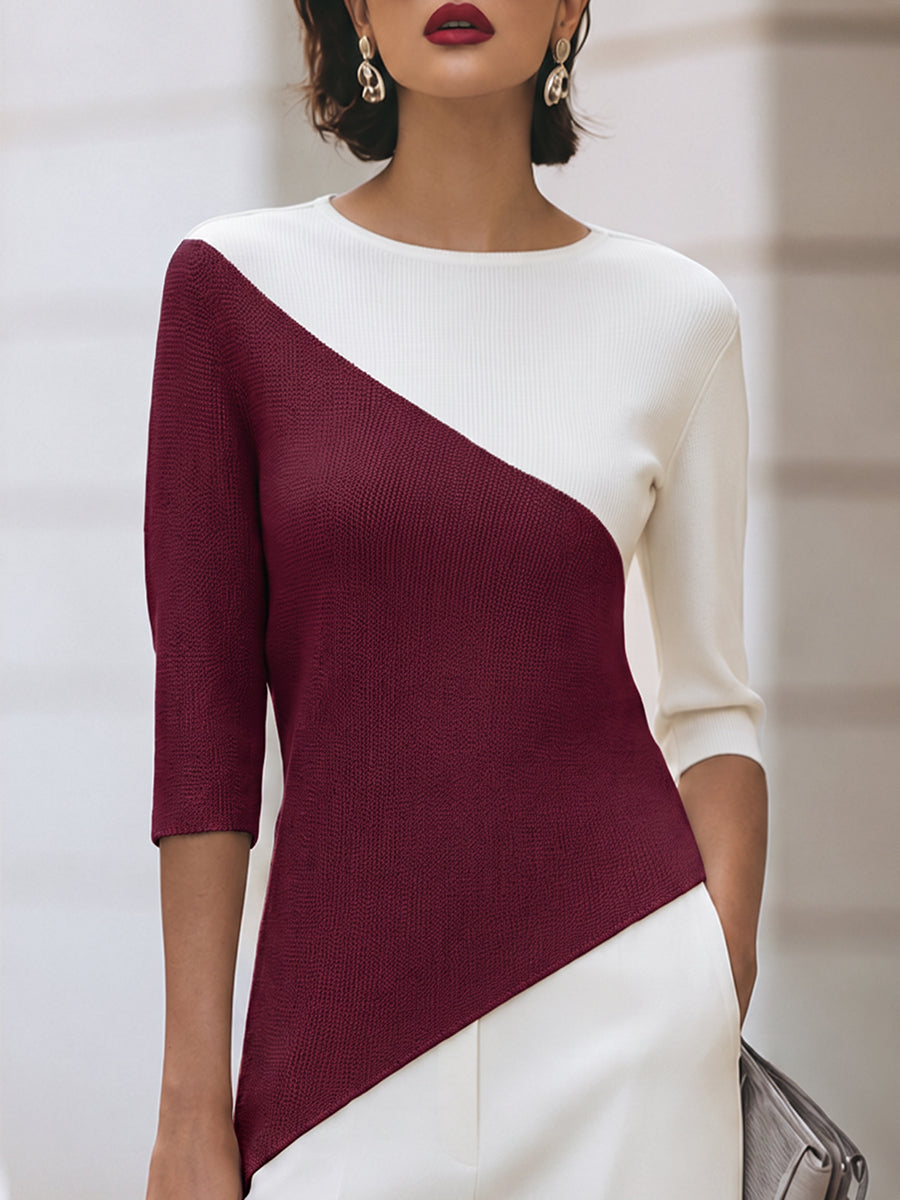 Front view of round neckline, three-quarter sleeves and color-block panels, burgundy