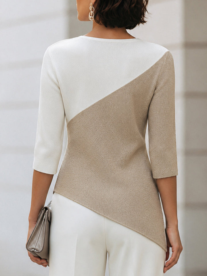Back view of color-block panels and asymmetric hem