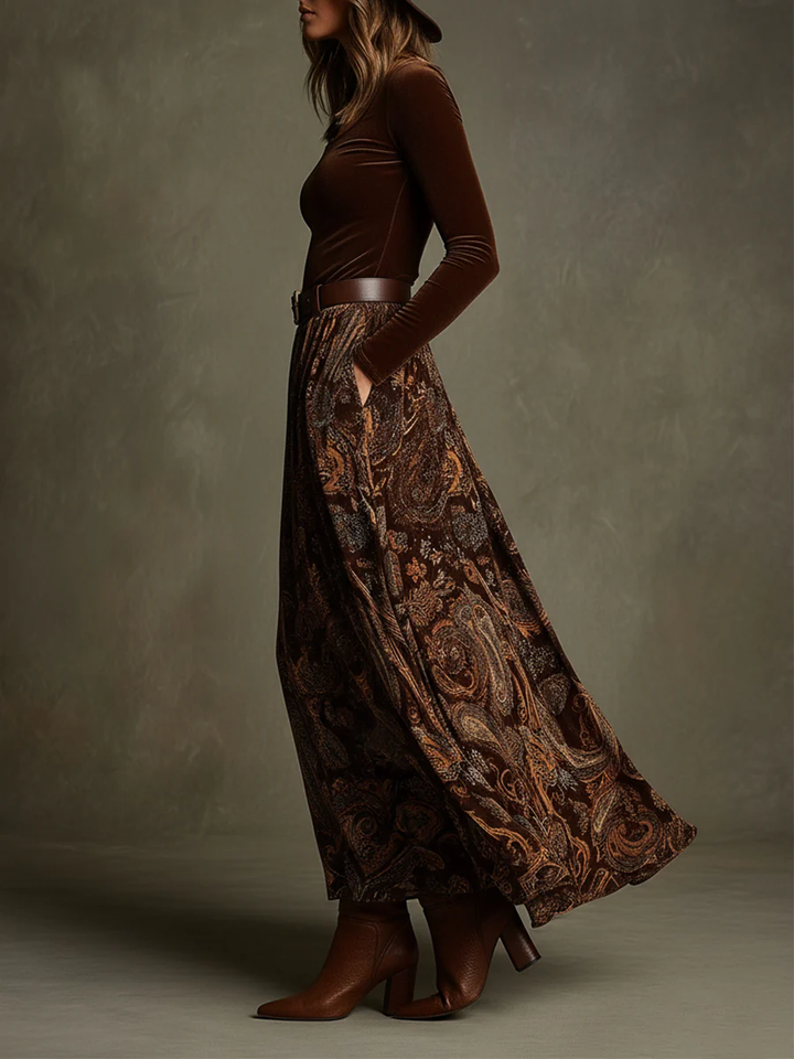 Side view of the top with side pocket and floor-length skirt