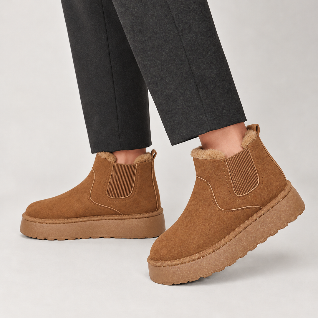 Side view of the upper, side panel and platform sole, brown