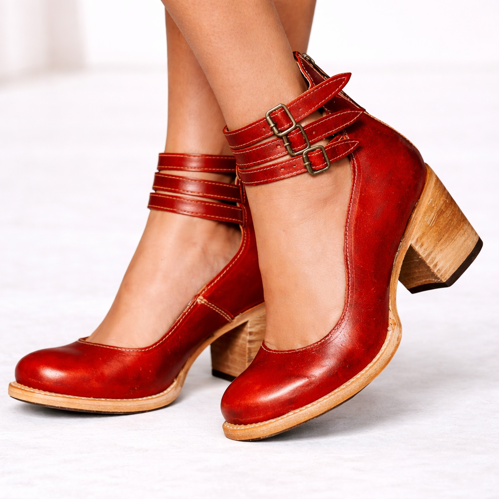 Front view of triple ankle straps with buckles and stacked block heel, red