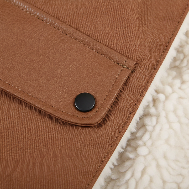 Detail view of stud-fastened flap pocket and fleece lining