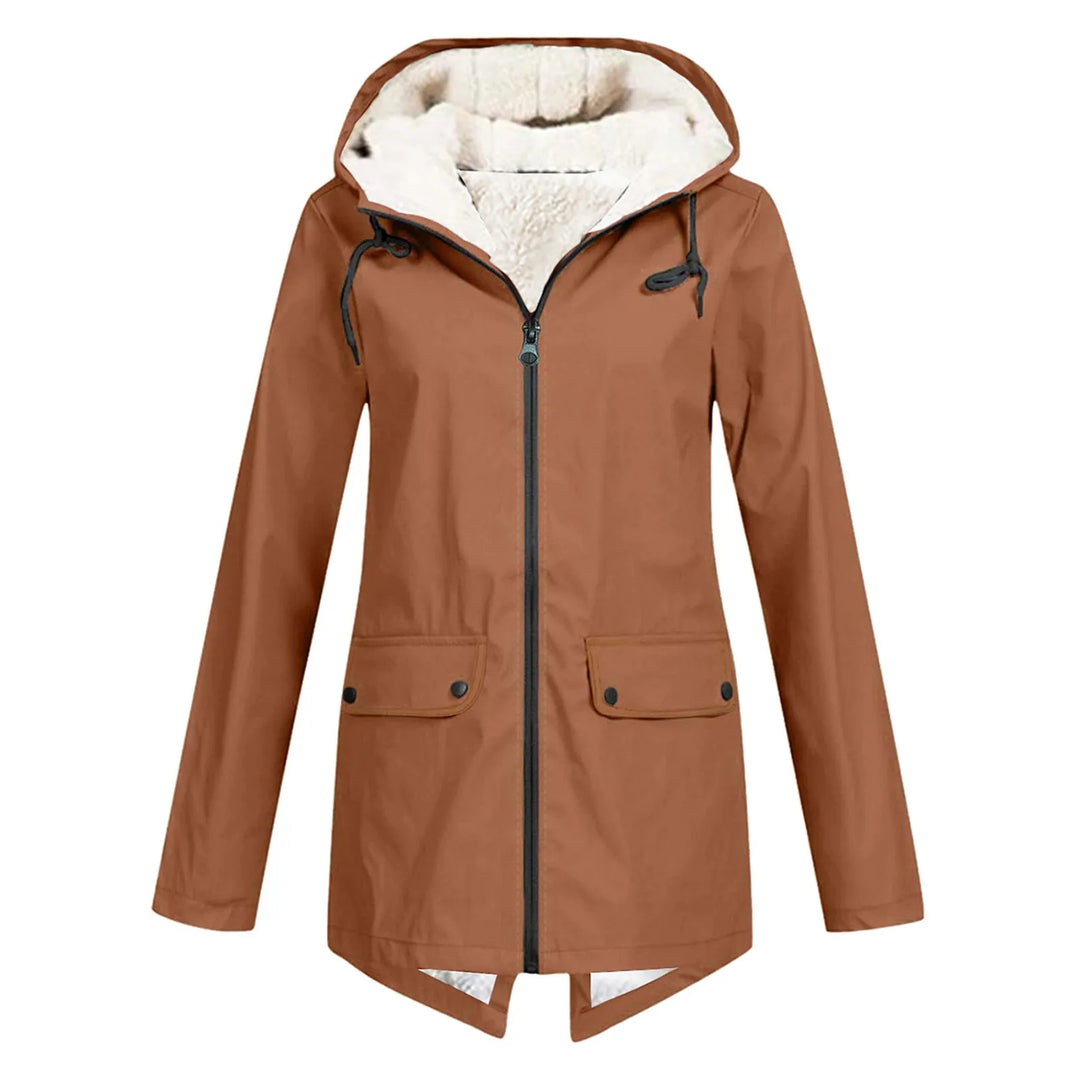 Front view showing hood, full zipper and flap pockets, khaki