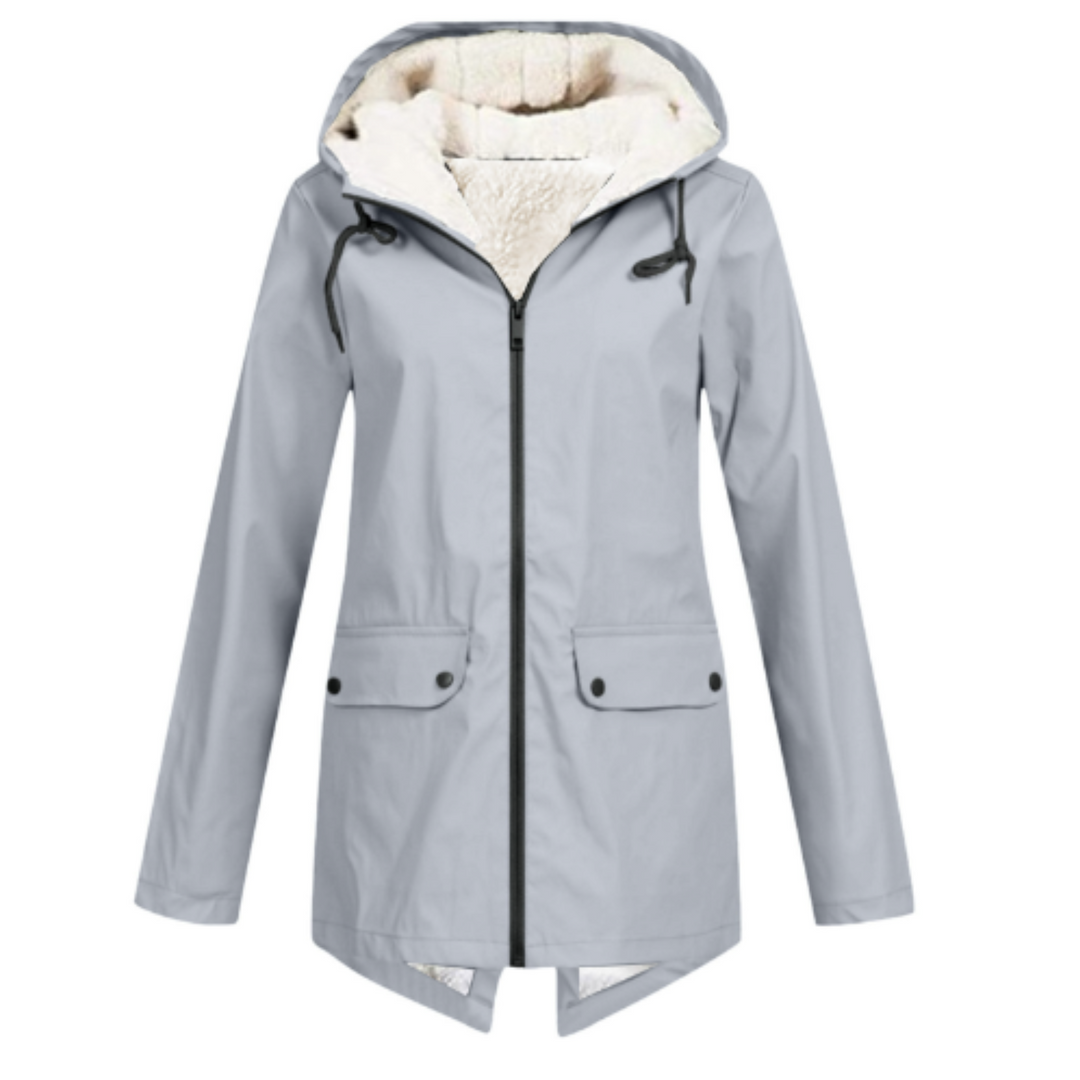 Front view showing hood, full zipper and flap pockets, gray
