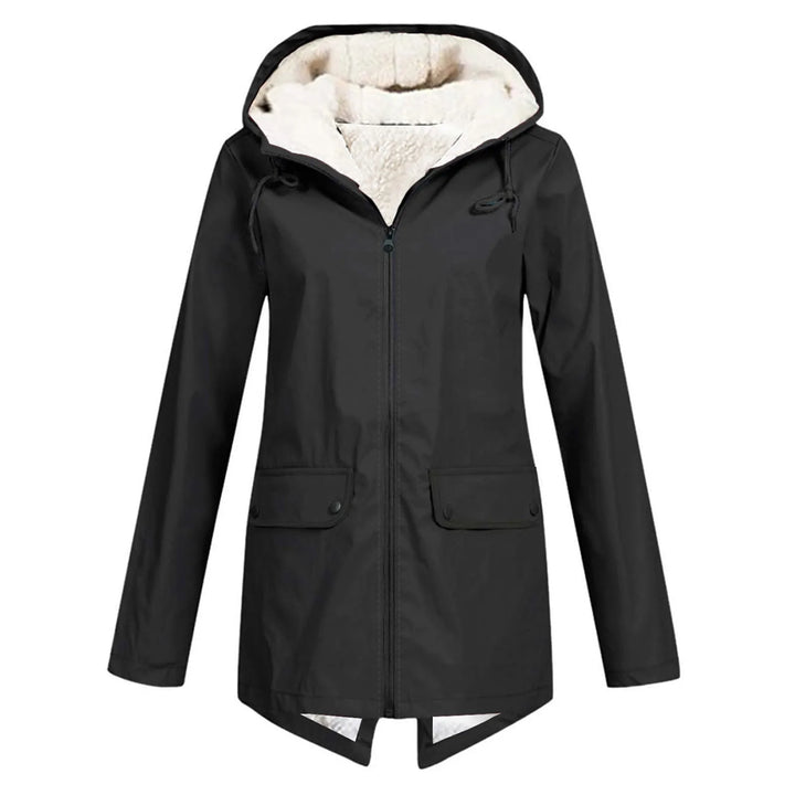 Front view showing hood, full zipper and flap pockets, black
