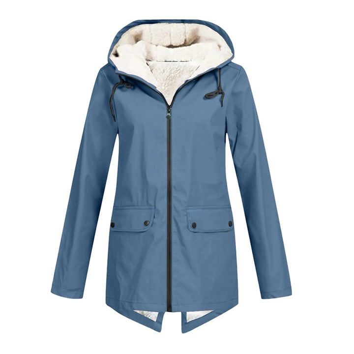 Front view showing hood, full zipper and flap pockets, blue