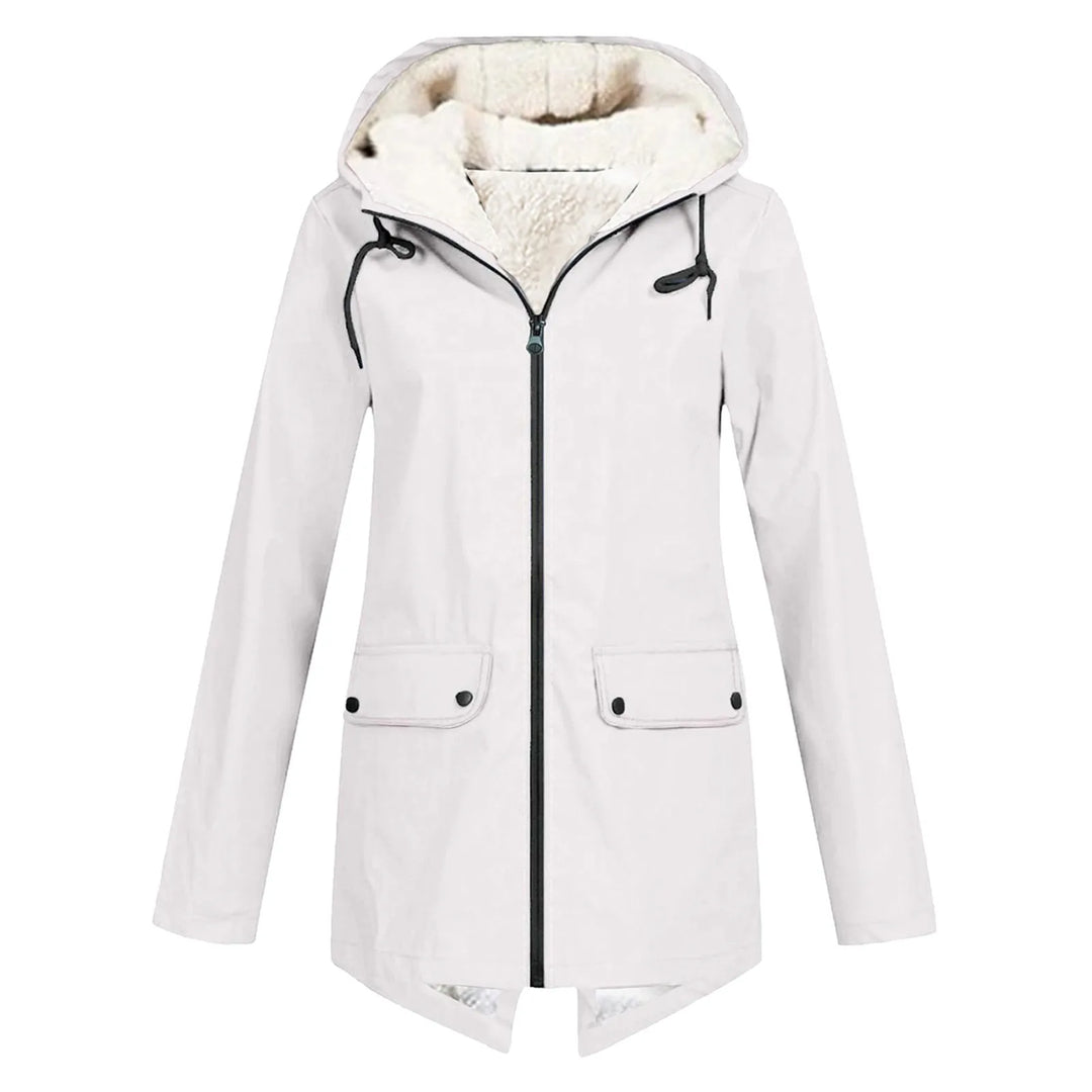 Front view showing hood, full zipper and flap pockets, white