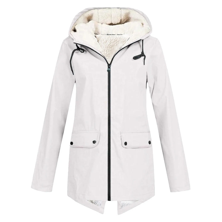 Front view showing hood, full zipper and flap pockets, white