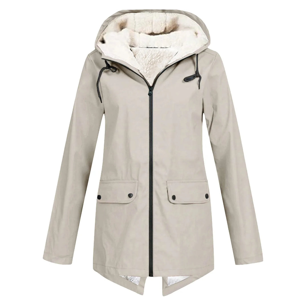 Front view showing hood, full zipper and flap pockets, beige