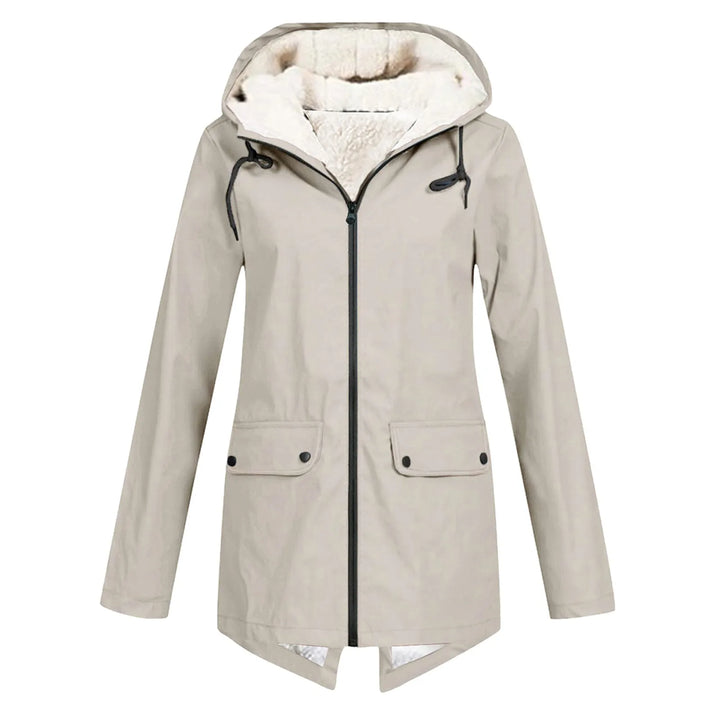 Front view showing hood, full zipper and flap pockets, beige