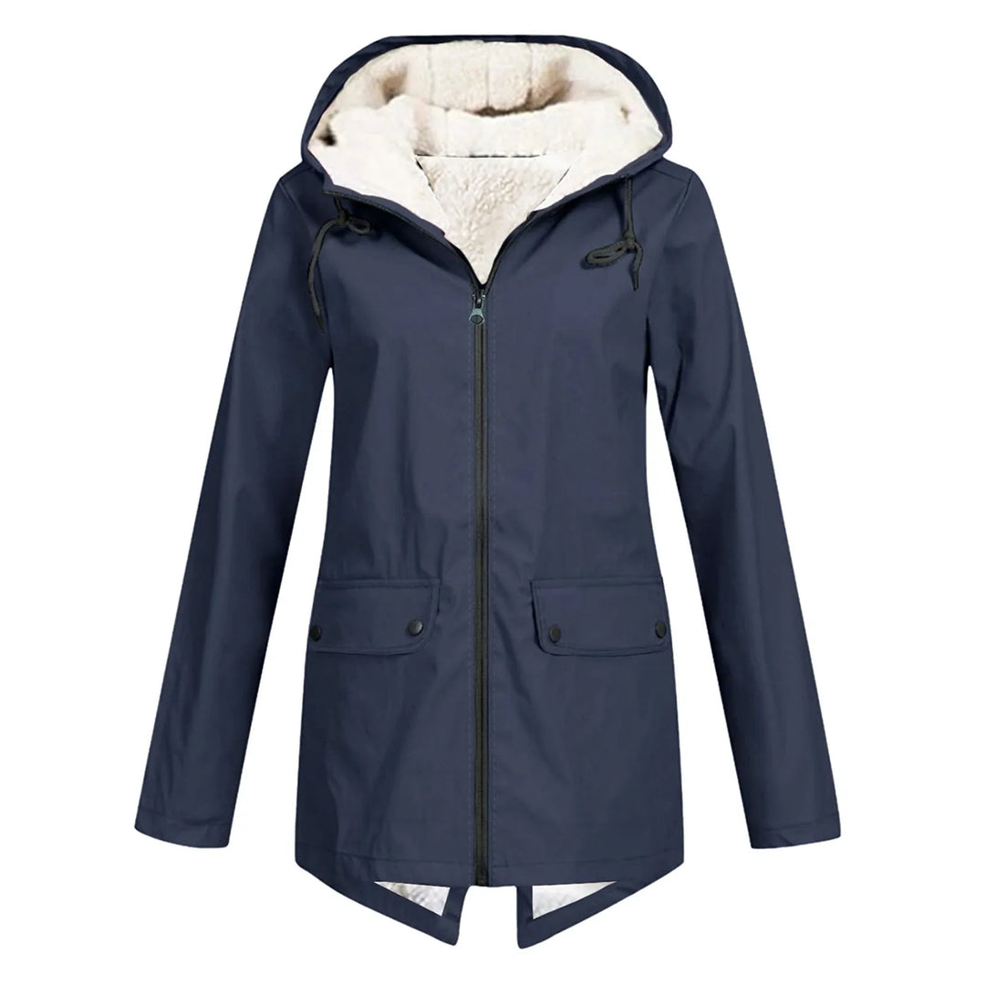 Front view showing hood, full zipper and flap pockets, navy blue