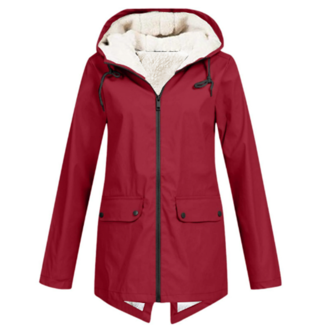 Front view showing hood, full zipper and flap pockets, red