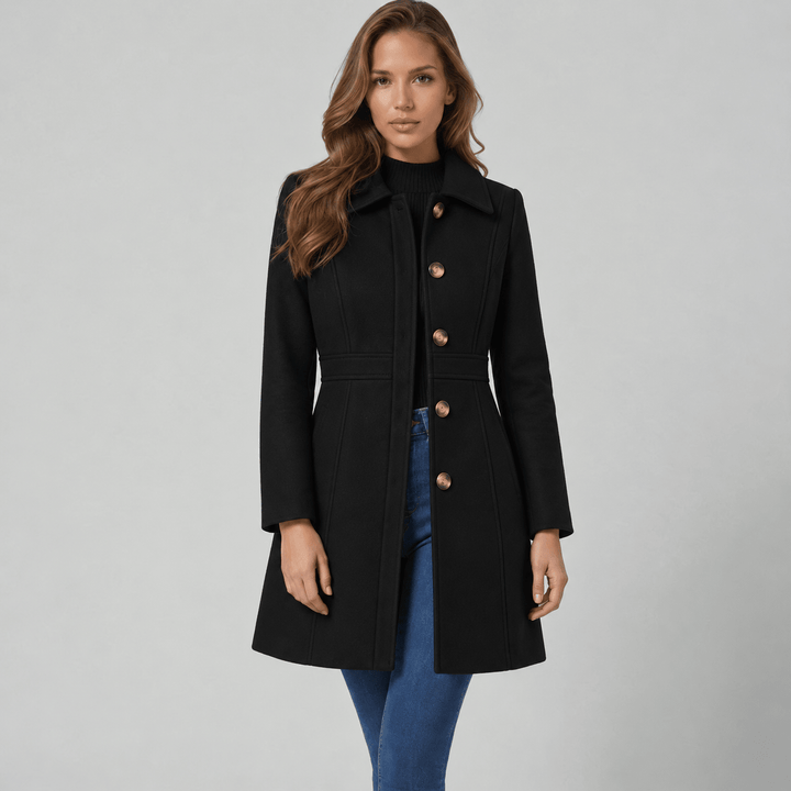 Front view showing shirt collar, button placket and long sleeves, black
