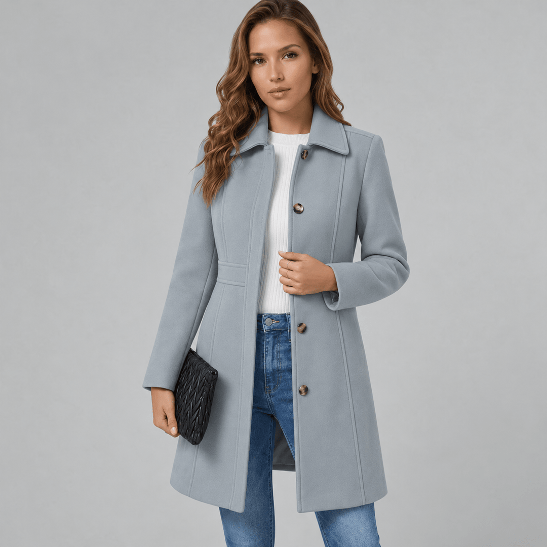 Front view showing shirt collar, button placket and knee-length hem, gray