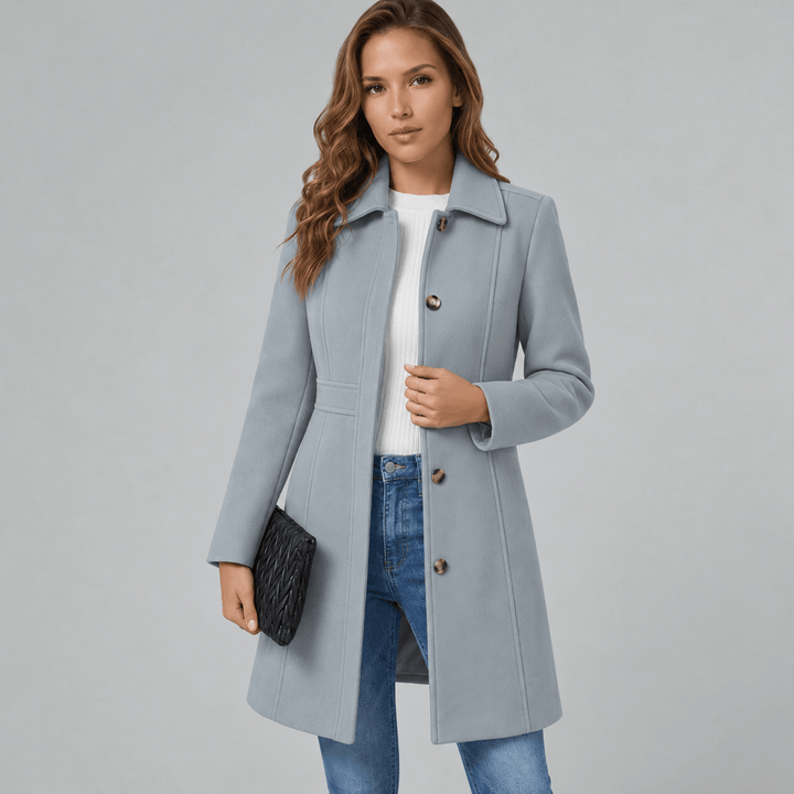 Front view showing shirt collar, button placket and knee-length hem, gray
