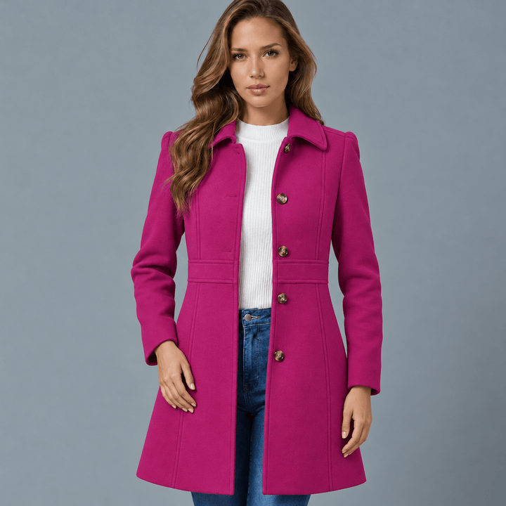 Front view showing shirt collar, button placket and long sleeves, pink