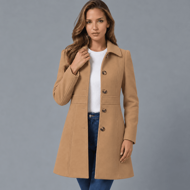 Front view showing shirt collar, button placket and knee-length hem, khaki