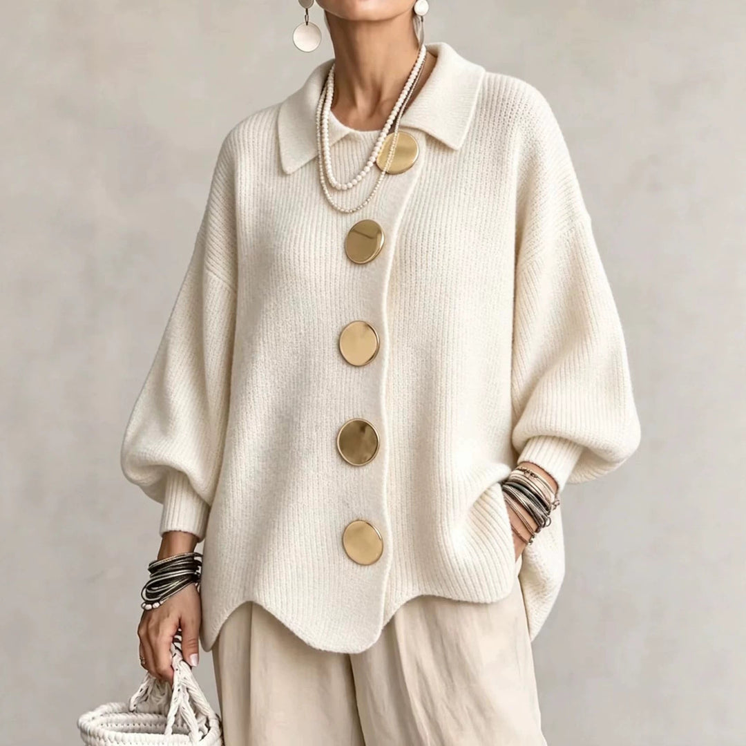 Front view showing shirt collar, button placket and side pocket, cream