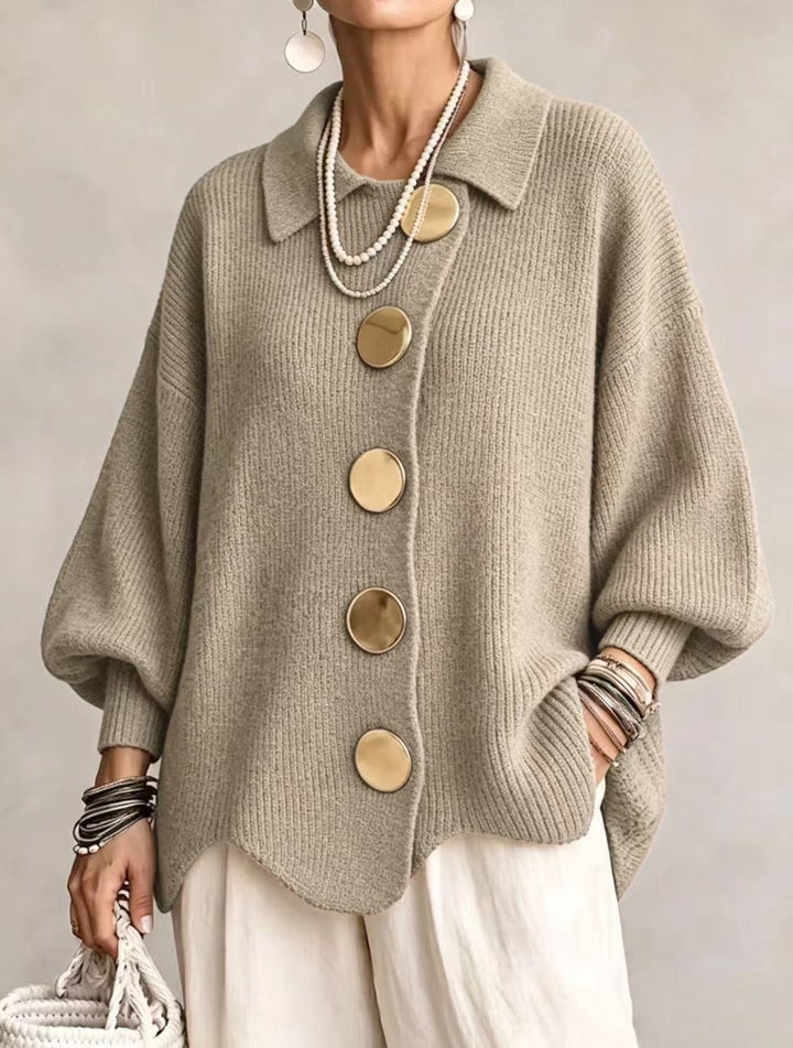Front view showing shirt collar, banded cuffs and curved hem, khaki