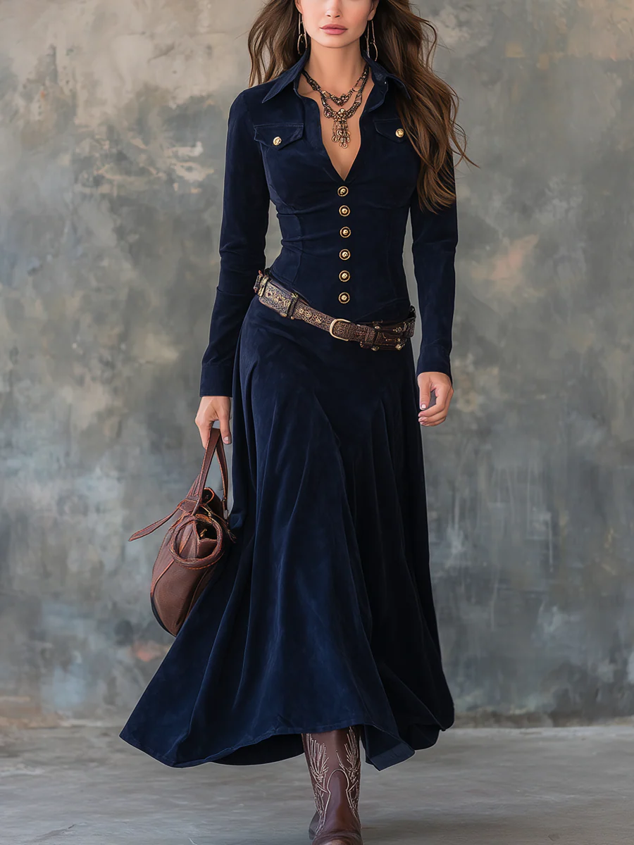 Front view showing shirt collar, v-neckline, button placket, chest pockets and floor-length skirt, blue