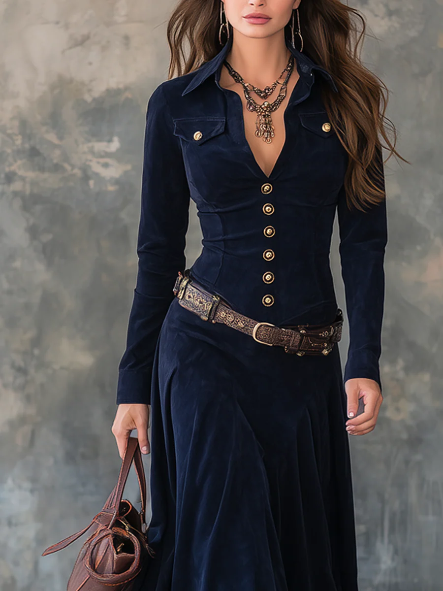 Front view showing shirt collar, button placket, chest pockets and belted waist