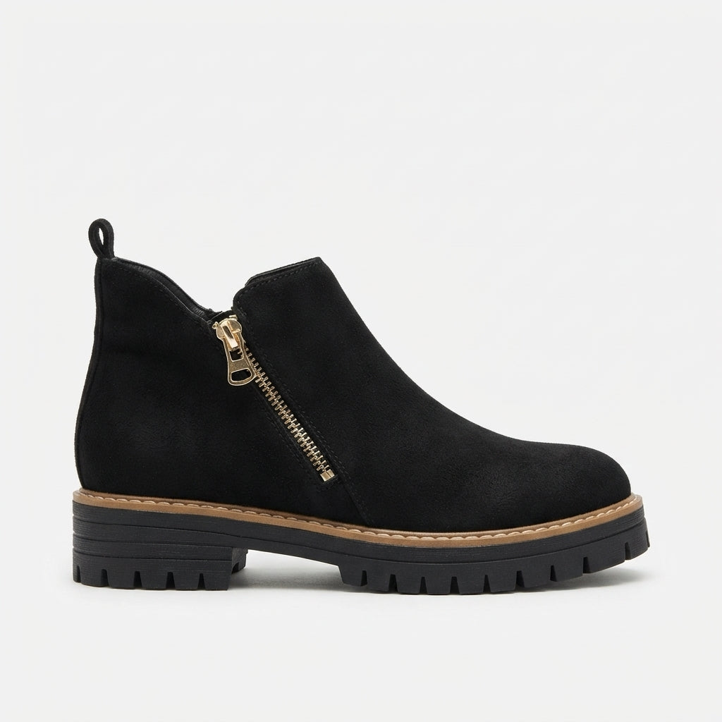 Ankle boots showing rounded closed toe front